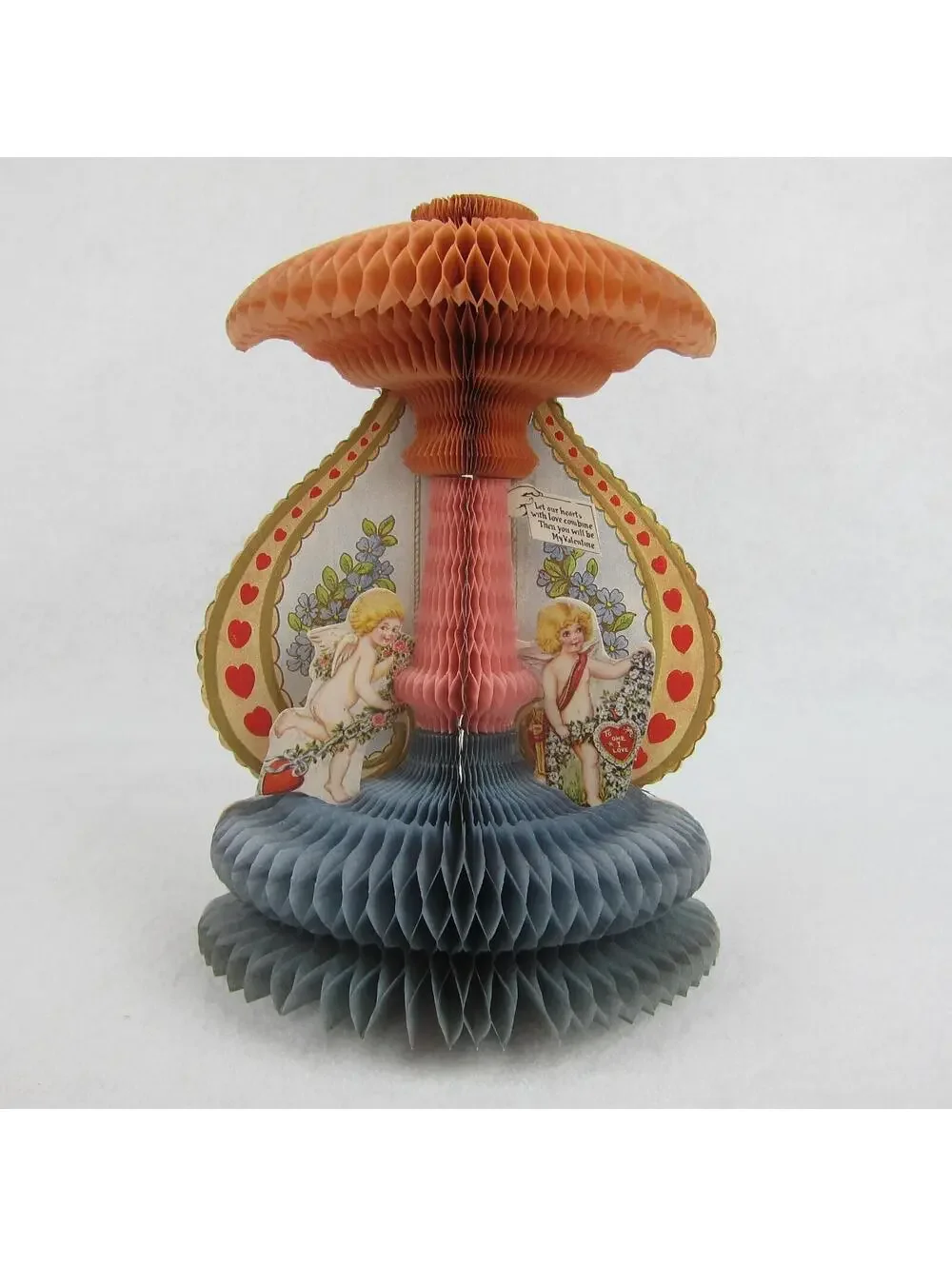 Antique Valentine Honeycomb 3D Pop Up Blonde Cupid Angels Hearts LARGE UNSIGNED